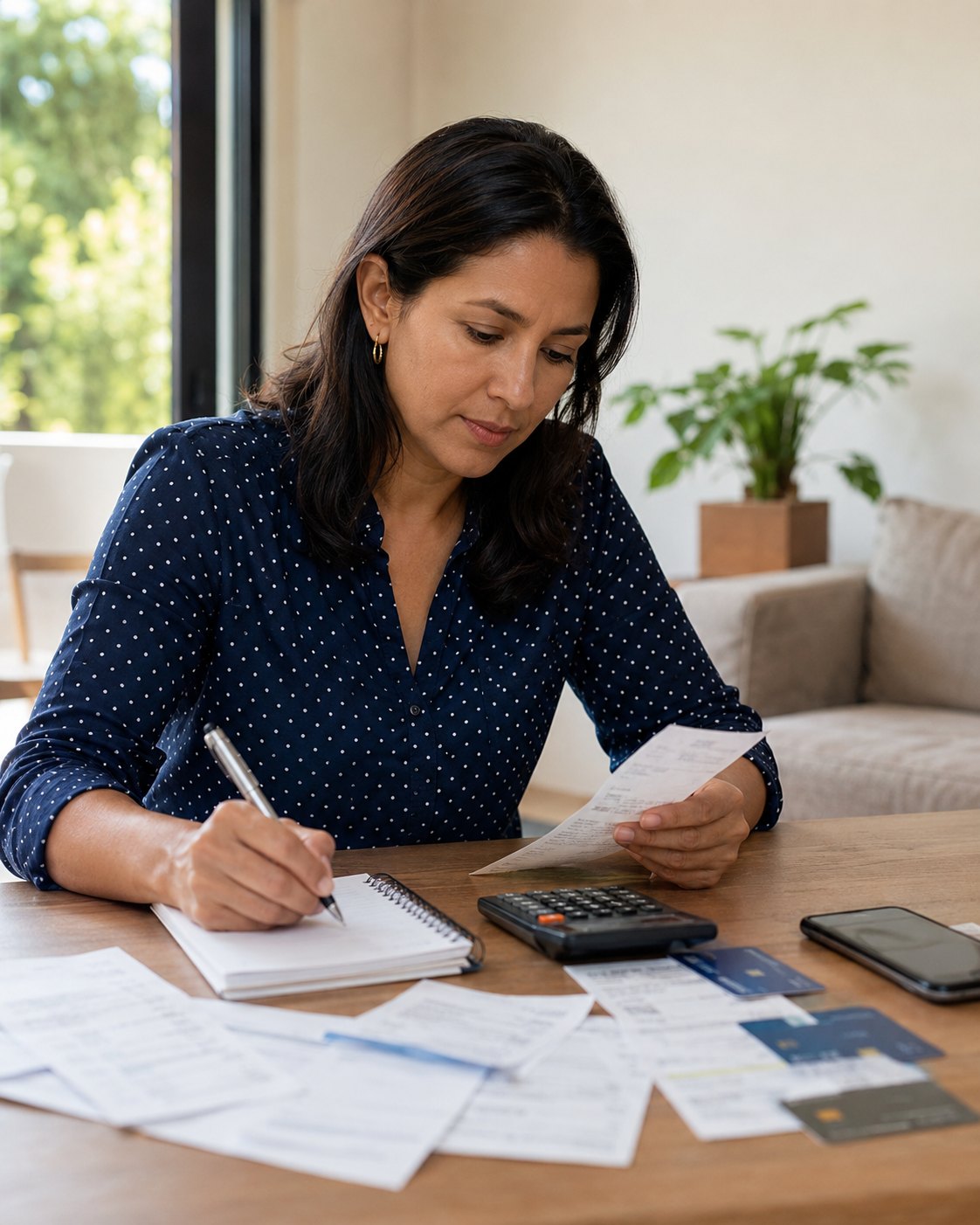 Persona organizando finanzas con calculadora, libreta y recibos