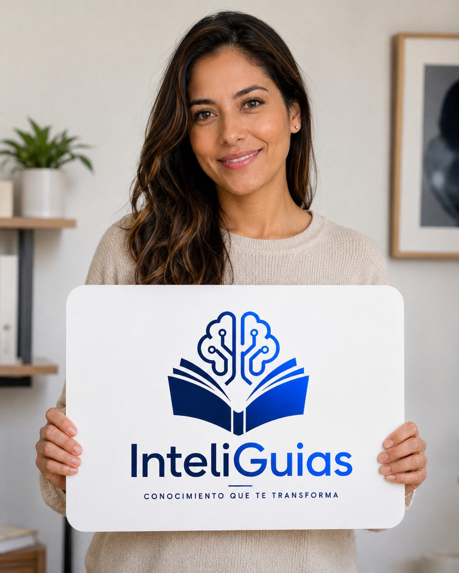 Mujer sosteniendo un cartel con el logo de InteliGuías