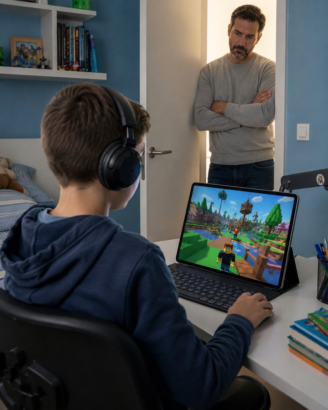 Niño jugando Roblox mientras un padre observa desde la puerta