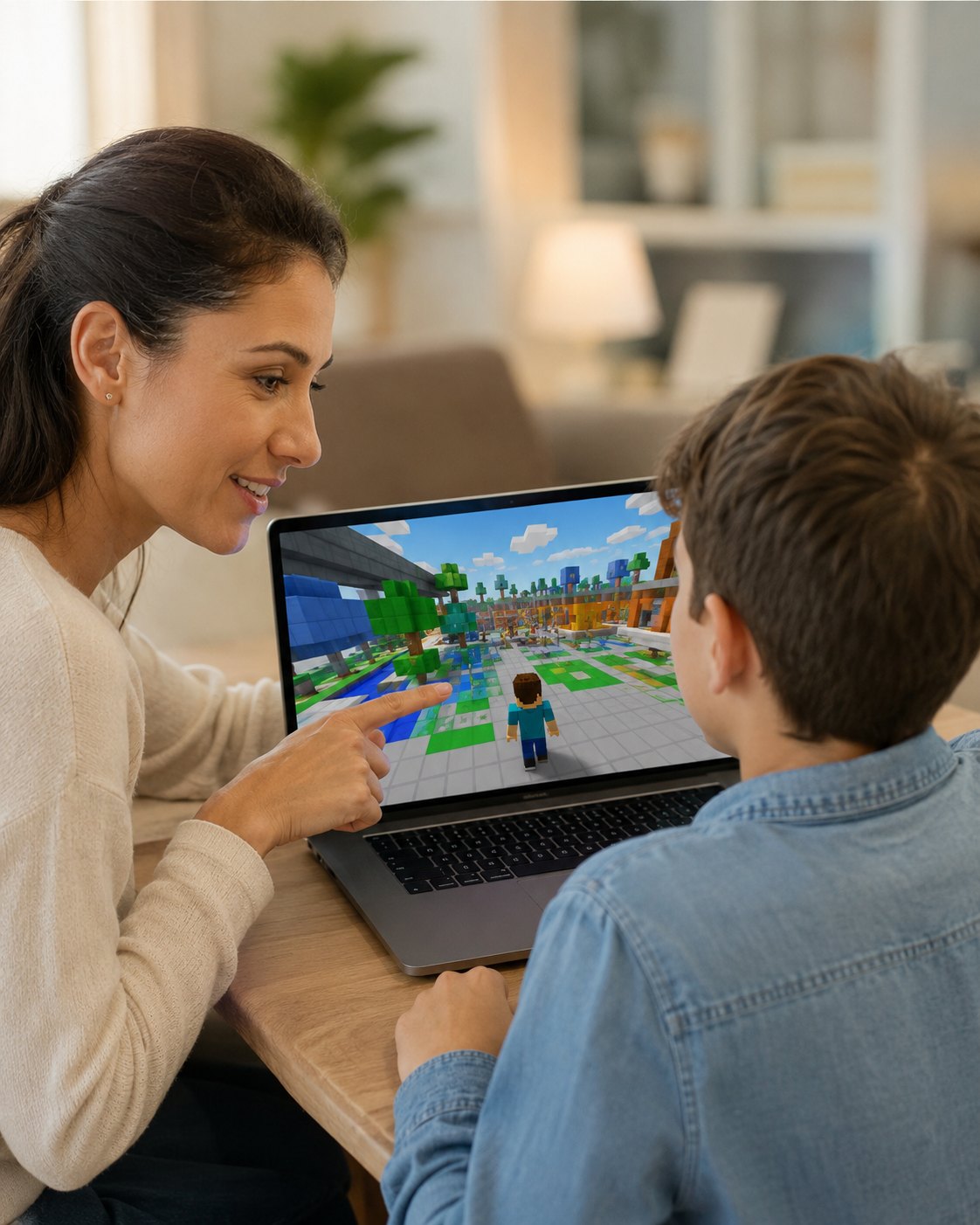 Madre acompañando a su hijo mientras revisan Roblox juntos