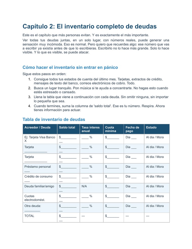 Vista previa tabla de inventario de deudas